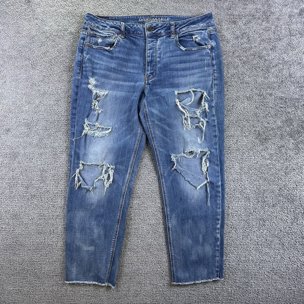 American Eagle Tomgirl Jeans Womens 14 Blue Distressed Ripped Stretch Button Fly